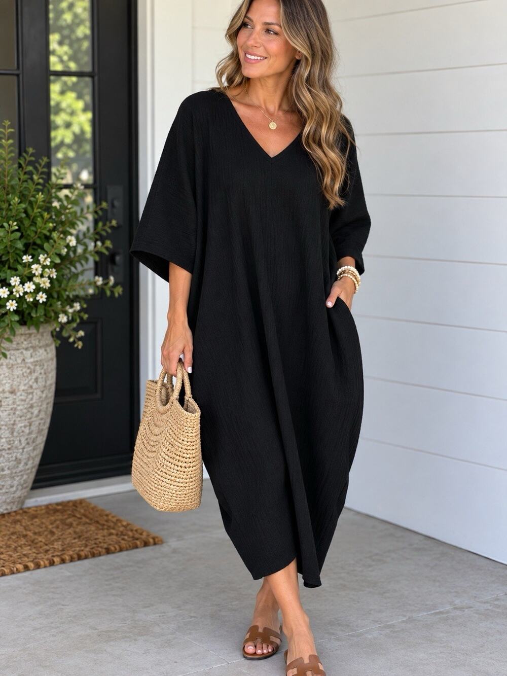 Sou Sou Made In Japan Black Kantoui Kimono Kaftan Midi Dress Sz L/xl